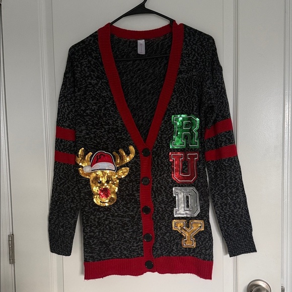 Christmas Ugly Sweater Festive Reindeer Rudy Sequin Cardigan S/M - Picture 2 of 8